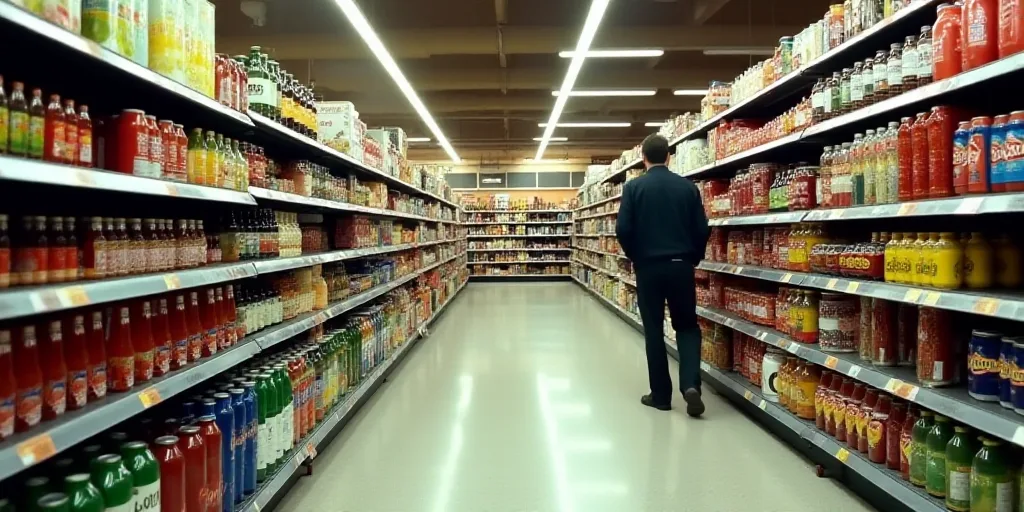 a grocery store aisle with a variety of drinks on display in the aisle and a man walking by the aisl