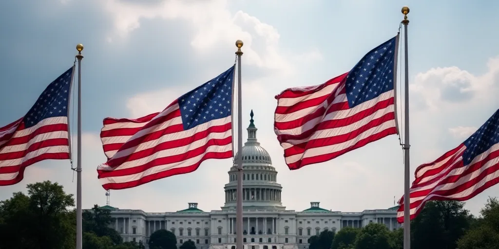 a group of american flags blowing in the wind in front of the capitol building in washington, dc, us