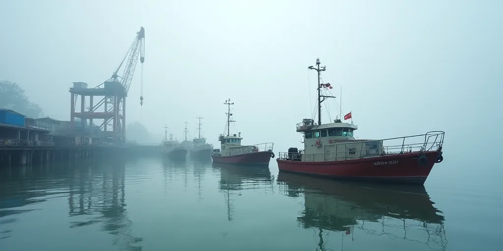 a group of boats floating on top of a body of water next to a pier with a crane in the background, D