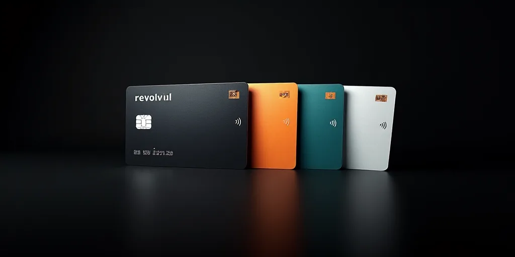 a group of four credit cards sitting next to each other on a black background with the words revolit