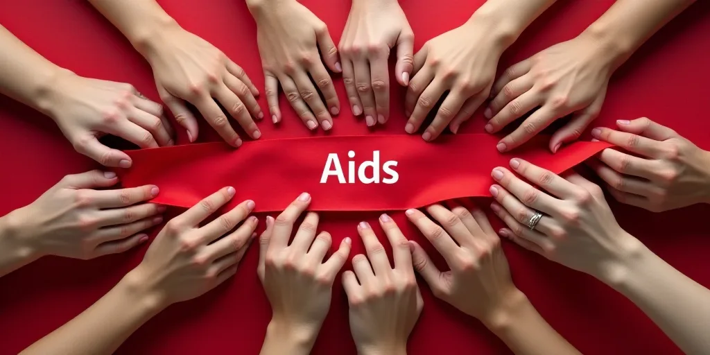 a group of hands holding a red ribbon in the middle of the image, with the word aids written on it,