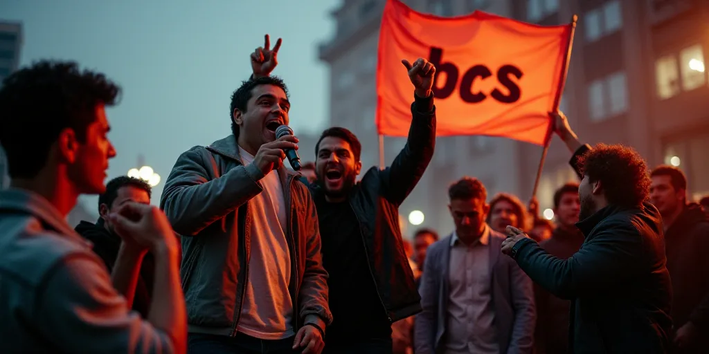 a group of men holding a microphone and a banner with the words bcs on it and a flag with the words