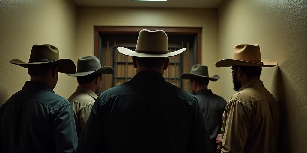 a group of men in cowboy hats standing in front of a jail cell door with a man in a black shirt, Cá