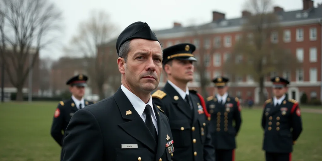 a group of men in military uniforms standing next to each other in a park area with buildings in the