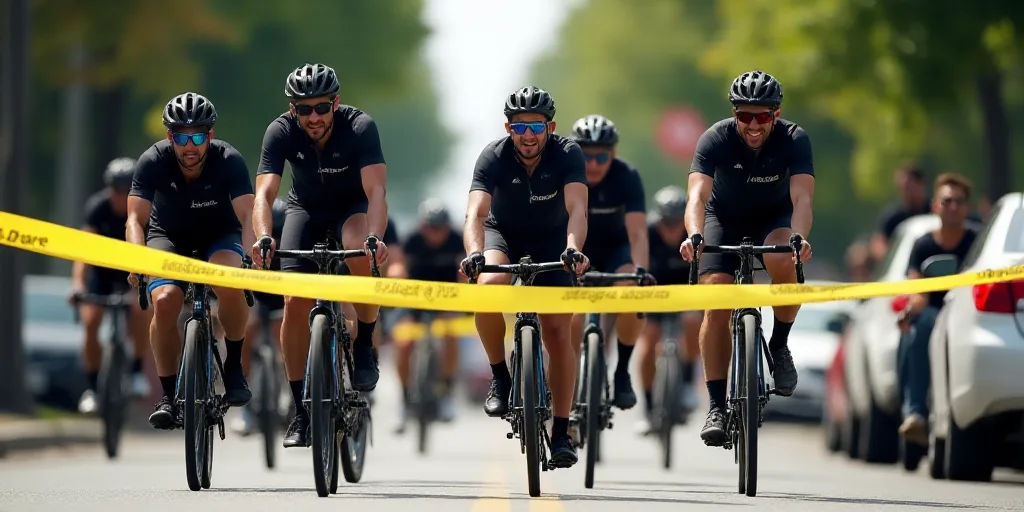 a group of men riding bikes next to each other on a street with a yellow ribbon around them and a ye