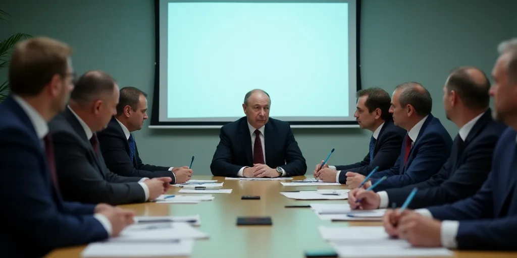 a group of men sitting around a table with papers and pens in front of them and a projector screen i