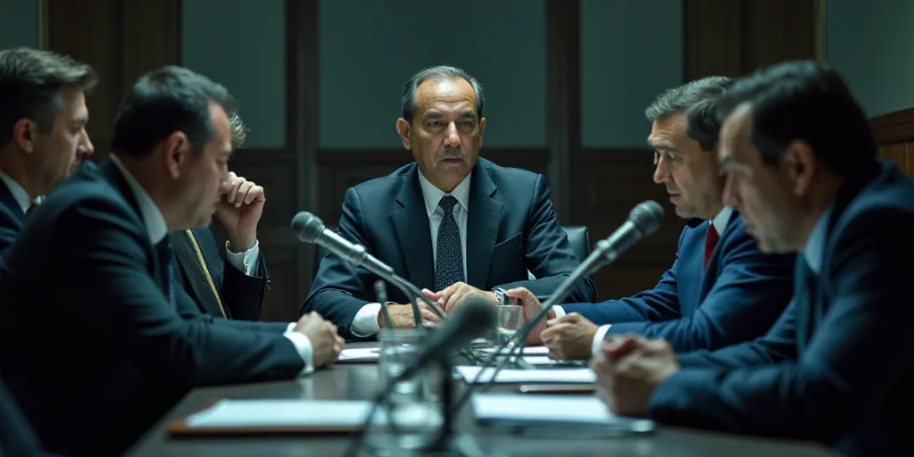 a group of men sitting at a table with microphones in front of them and a man in a suit, Carlos Fran