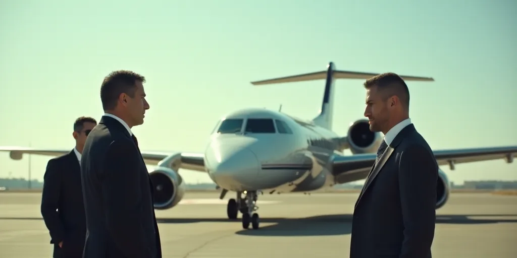 a group of men standing around a plane talking to each other on the tarmac of an airport with a plan