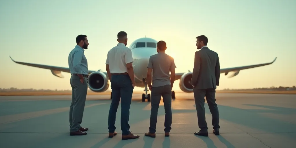 a group of men standing around a plane talking to each other on the tarmac of an airport with a plan