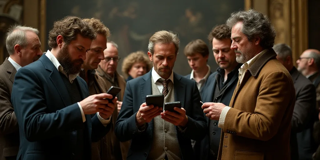 a group of men standing around a stock market holding electronic devices and looking at them with se