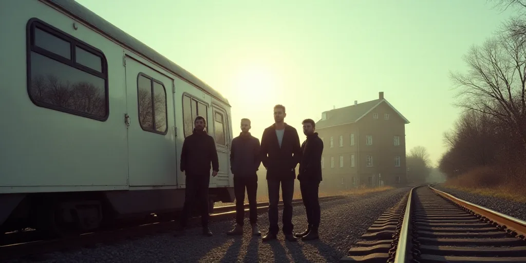 a group of men standing next to a white train on a track near a building and a train track, Constant