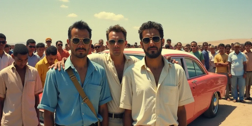 a group of men standing next to each other near a car and a crowd of people behind them looking at t