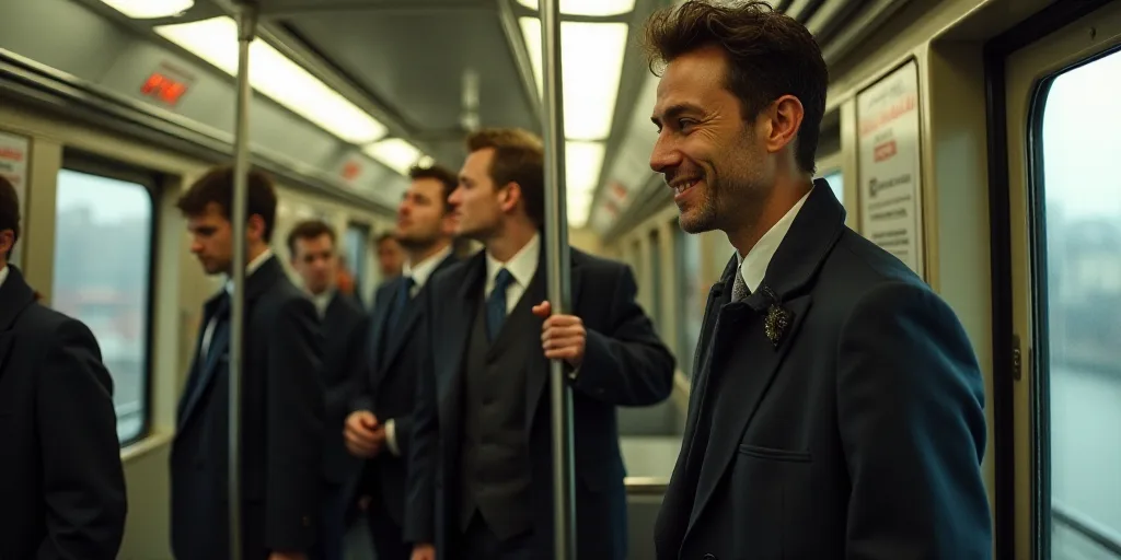 a group of men standing on a subway car holding onto a pole with a smile on their face and one man h