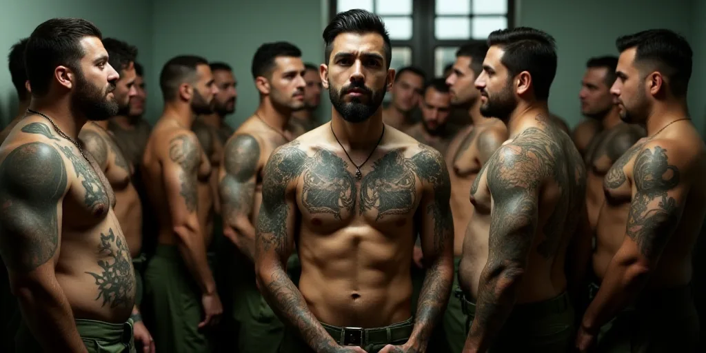a group of men with tattoos on their bodies standing in a room with other men in uniform around them