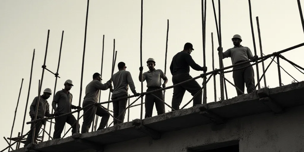 a group of men working on a building under construction with scaffolding and steel rods in the foreg