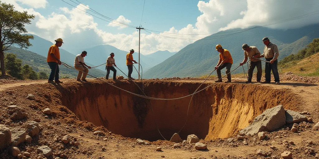 a group of men working on a construction site with a large hole in the ground that is being dug, Est