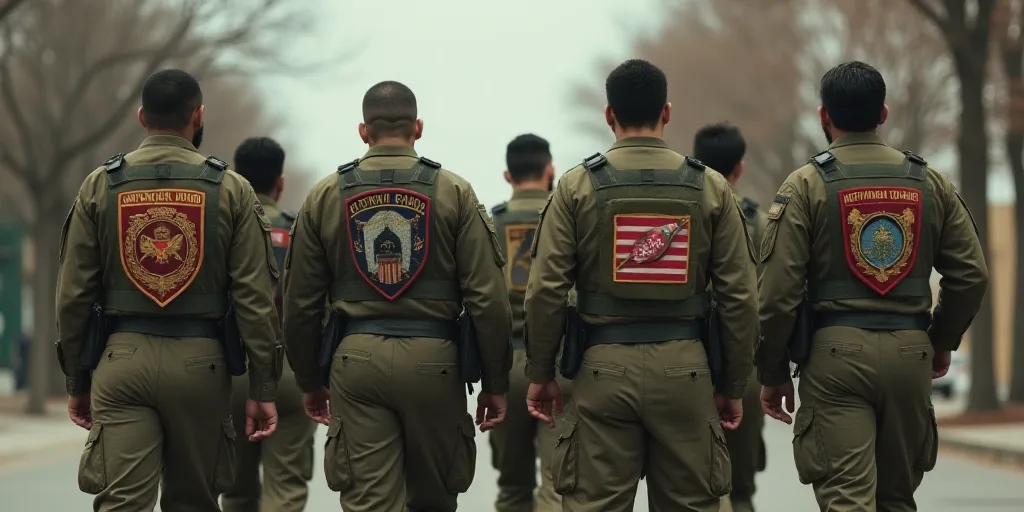 a group of military men walking down a street together with national guard patches on their backs an