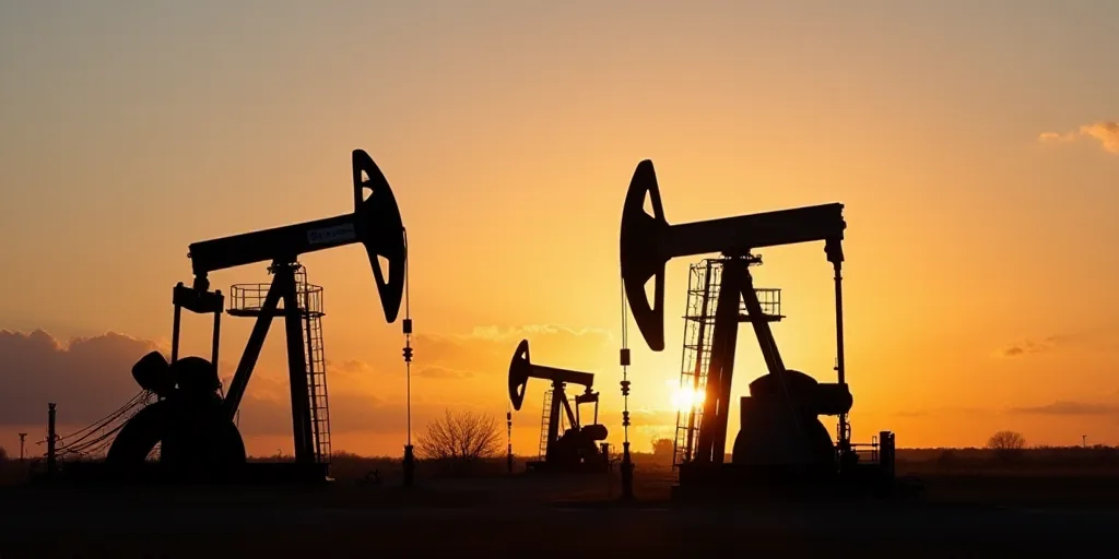 a group of oil pumps sitting next to each other on a field at sunset with a sky background and a few