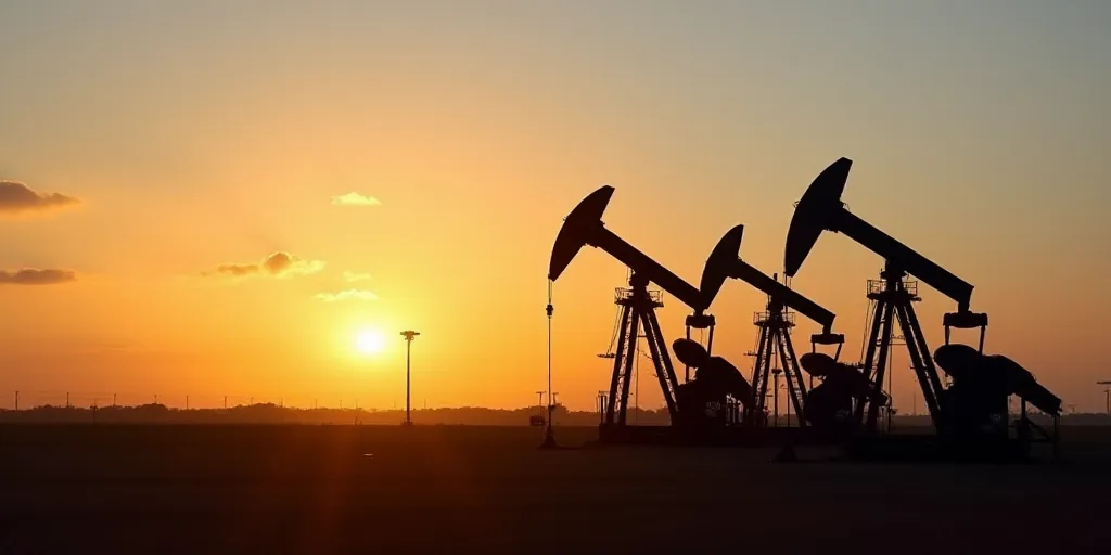 a group of oil pumps sitting next to each other on a field at sunset with a sky background and a few