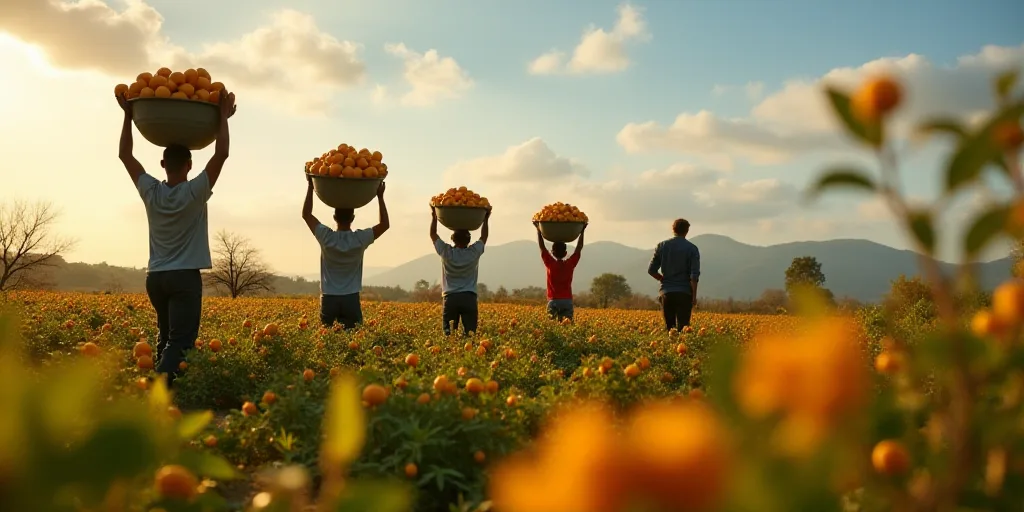 a group of people carrying buckets of fruit on their heads in a field of crops, with a man in the ba