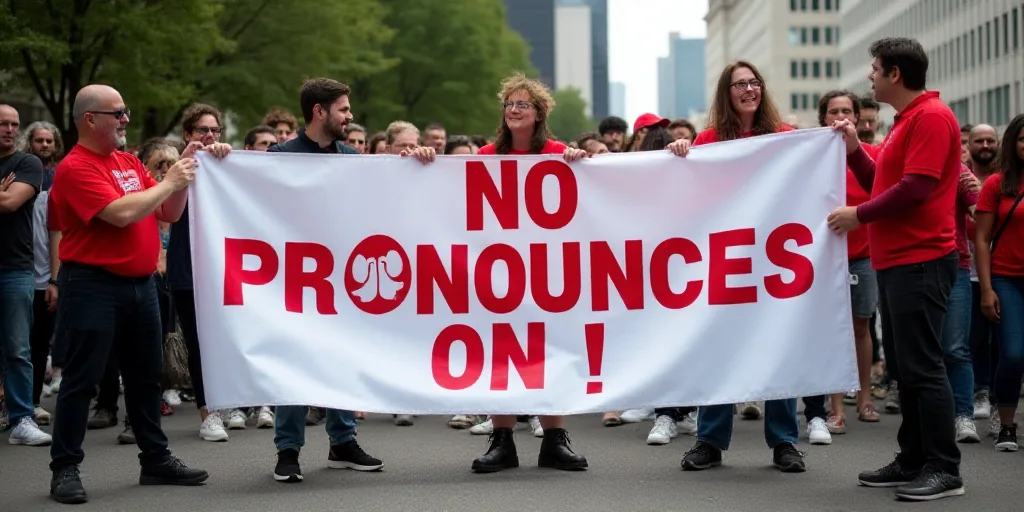 a group of people holding a banner with a slogan on it that reads no pronounces on it, Frances Jette
