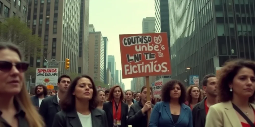 a group of people holding a sign and protesting in a parade in a city street with tall buildings in