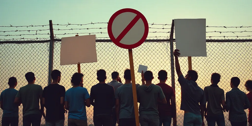 a group of people holding signs behind a fence with barbed wire behind them and a no sign in front o