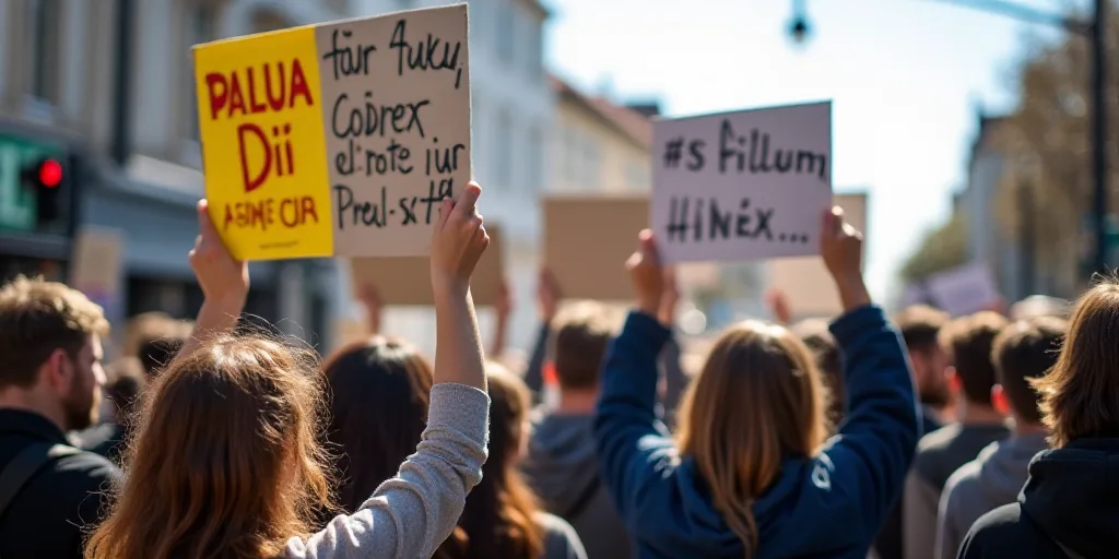 a group of people holding signs in the street with a building in the background and a traffic light