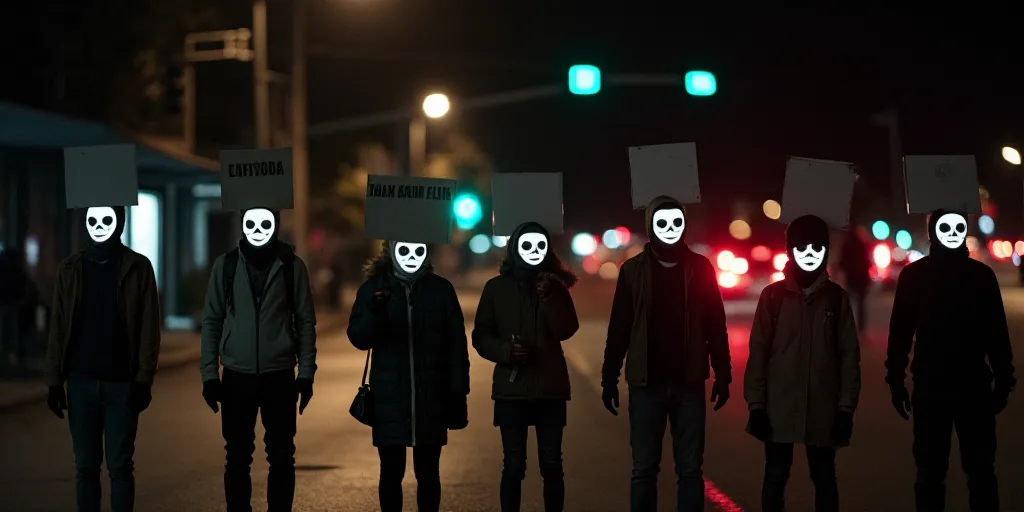 a group of people holding signs and wearing masks on a street at night with lights on and a traffic