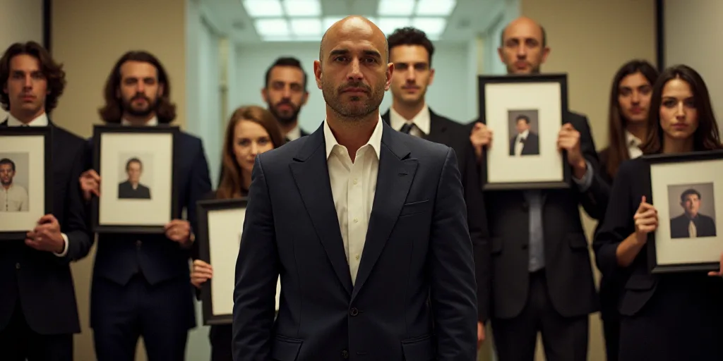 a group of people holding up framed pictures in front of them with a man in a suit standing next to