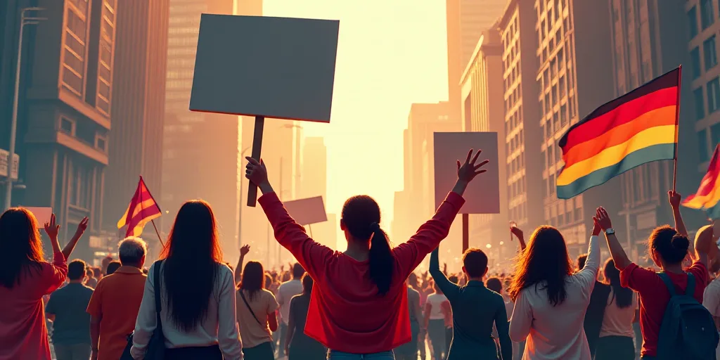 a group of people holding up signs and flags in the air in a city street with tall buildings in the