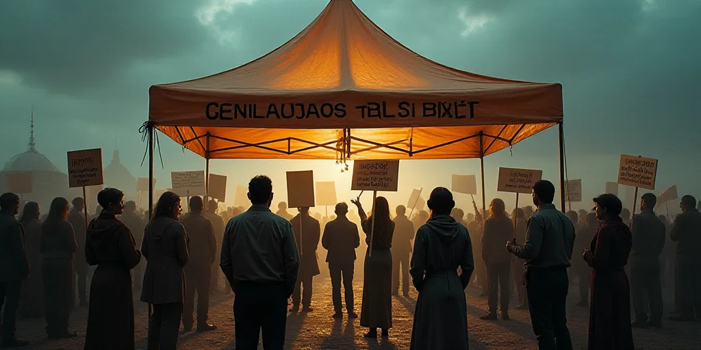 a group of people holding up signs under a tent with a sign that says jen fonde estant?, Estuardo Ma