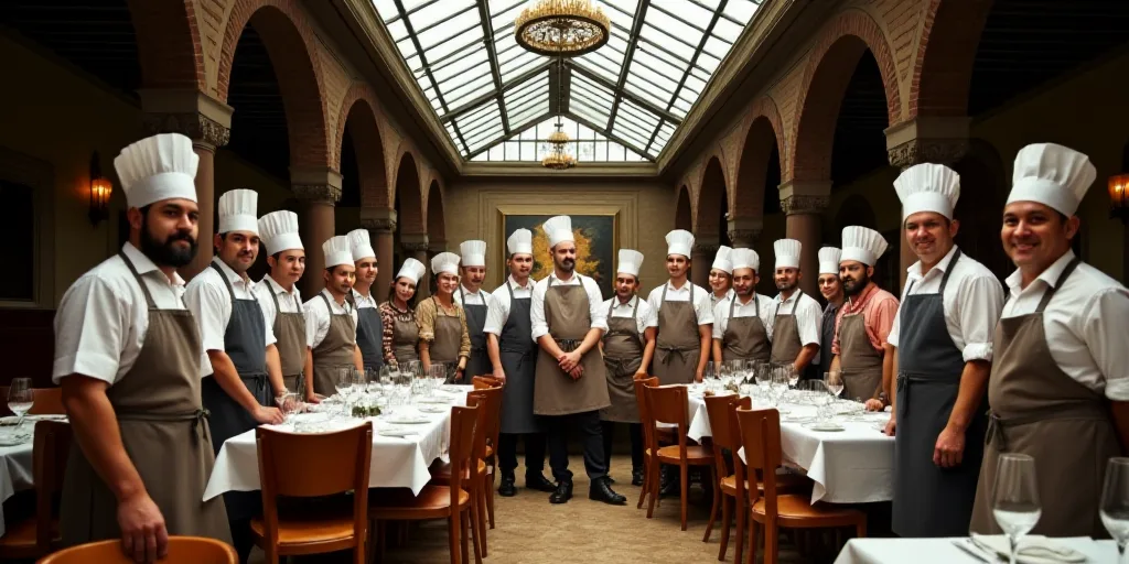 a group of people in hats and aprons posing for a picture together in a restaurant with a glass ceil