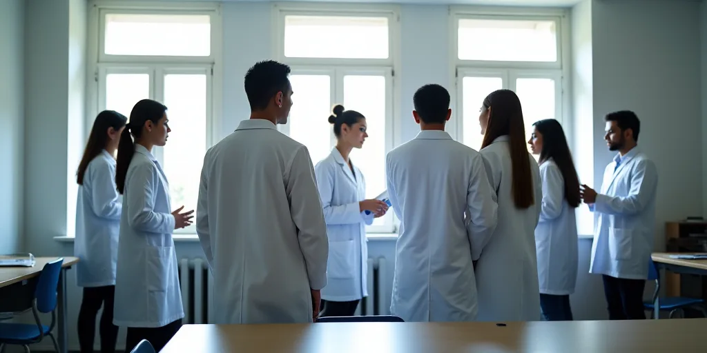 a group of people in lab coats standing next to each other in a room with windows and a table, Feder
