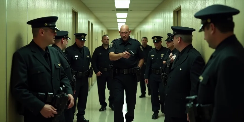 a group of people in police uniforms walking down a hallway together with a man pointing at them wit