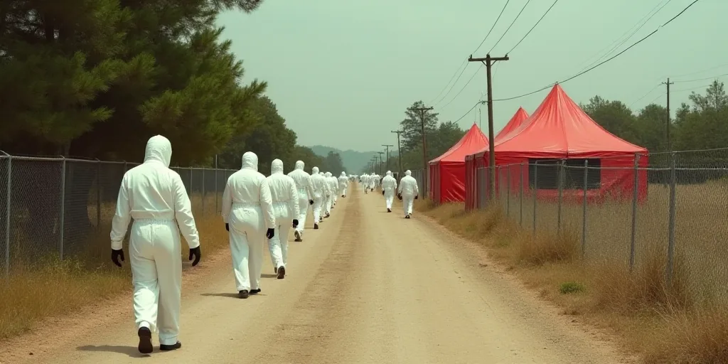 a group of people in white suits walking down a dirt road next to a fence and trees with a red tent,