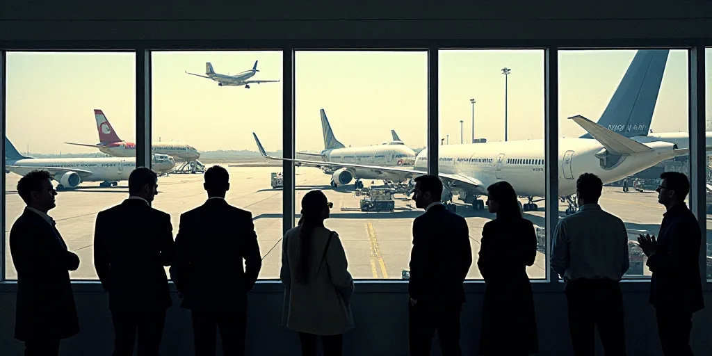 a group of people looking out a window at airplanes on the tarmac at an airport with a plane parked