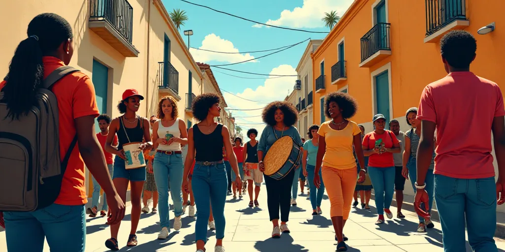 a group of people marching down a street with a band on the side of the street and a man holding a d