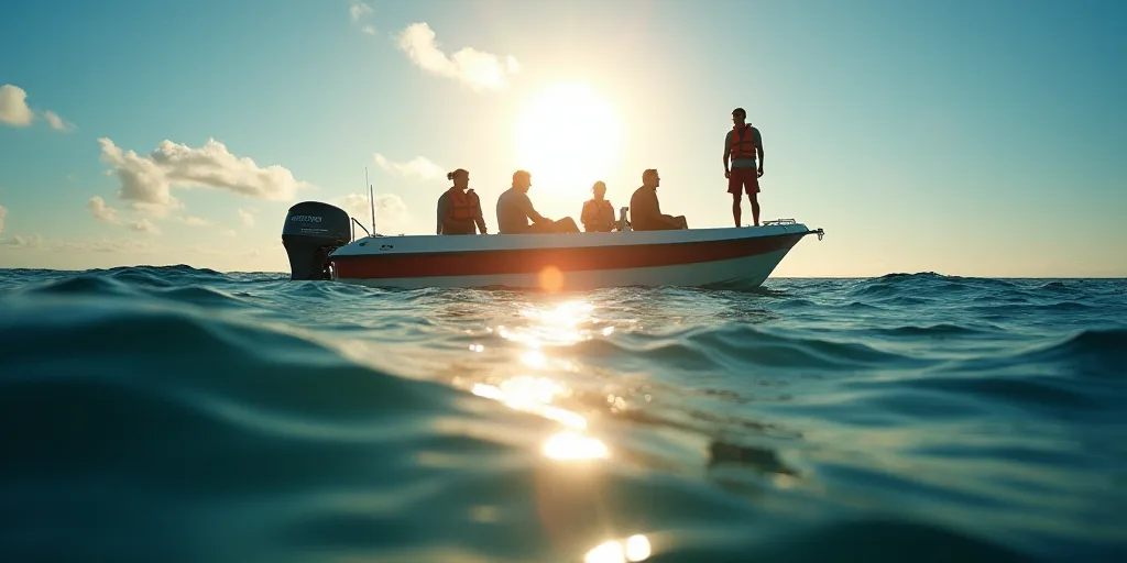 a group of people on a boat in the ocean with the sun shining behind them and a person in life vest