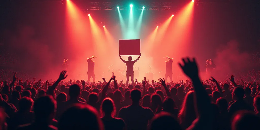 a group of people on a stage with a banner in the middle of the stage and a man holding a sign, Alti