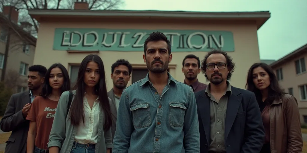a group of people posing for a picture in front of a building with a sign that says education on it,