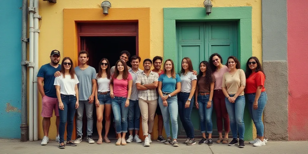 a group of people posing for a picture in front of a building with a colorful wall and a metal pole,