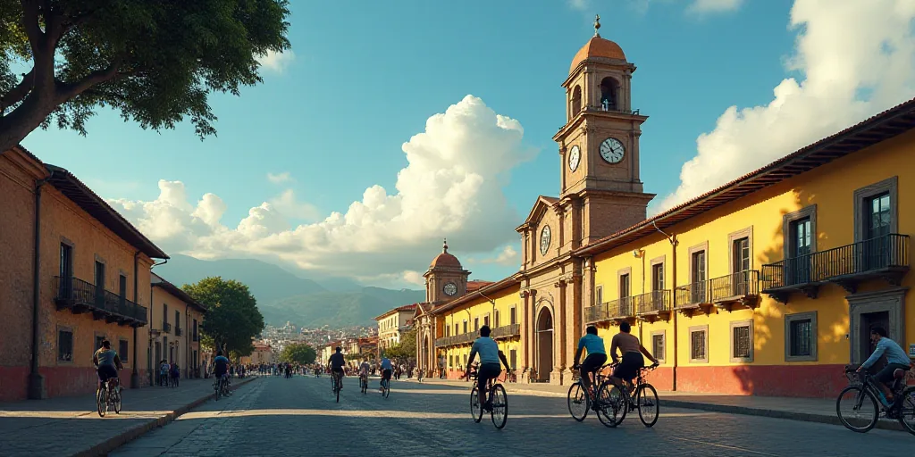 a group of people riding bikes down a street next to a tall building with a clock tower on top, Eddi