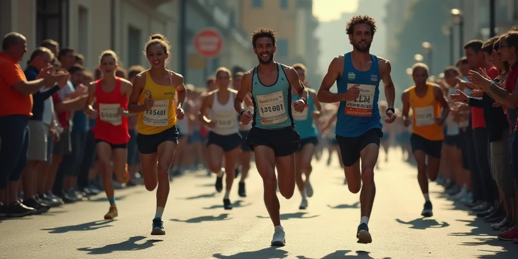 a group of people running in a race together in the street with a crowd of people watching them runn