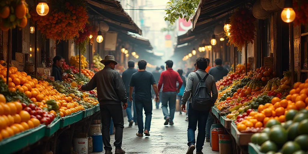 a group of people shopping in a market with lots of fruit on display and people walking around the m