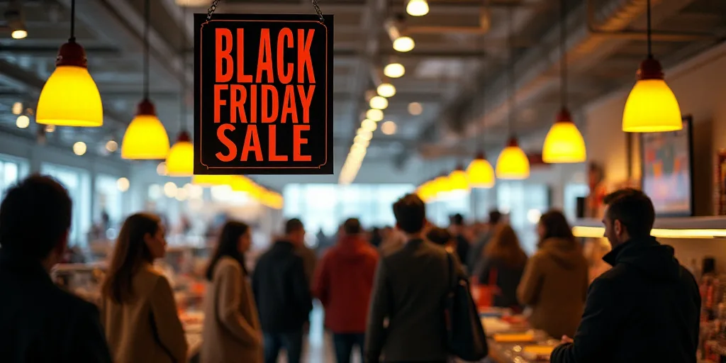a group of people shopping in a store with black friday sale signs hanging from the ceiling and yell