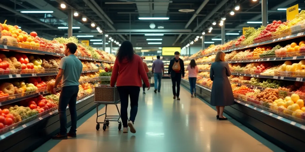 a group of people shopping in a grocery store with a large amount of produce on display in the aisle
