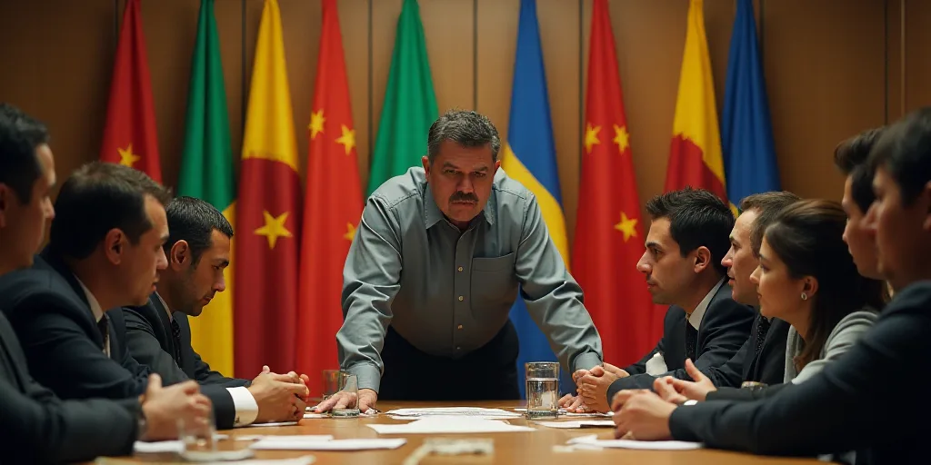 a group of people sitting around a table with flags in the background of them and a man standing at