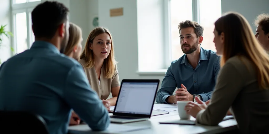 a group of people sitting around a table talking to each other in a meeting room with a laptop on th