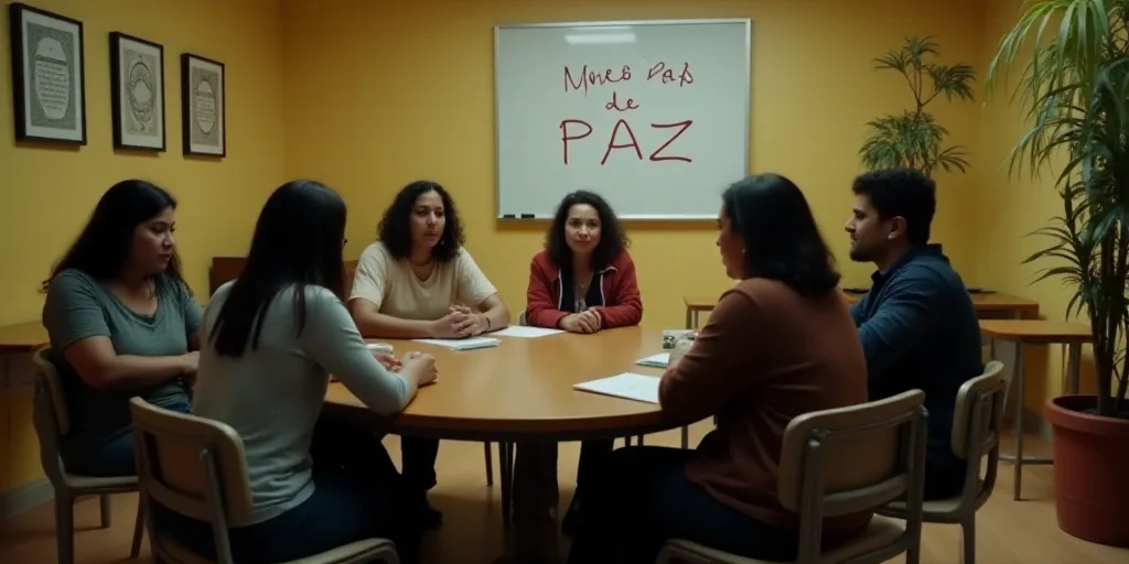 a group of people sitting around a table in a room with a sign behind them that says mes de paz esta